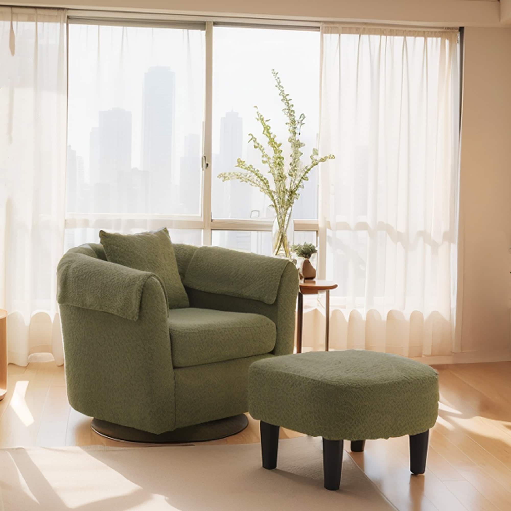 Swivel Accent Chair With Ottoman Set, Modern Chenille Barrel Armchair With Removable Back Pillow & 2 Armrest Covers For Living Room, Bedroom, Office, Green_voghion.com